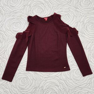 GUESS [XS] Burgundy Cold Shoulder Ruffle Long Sleeve Guess Top
